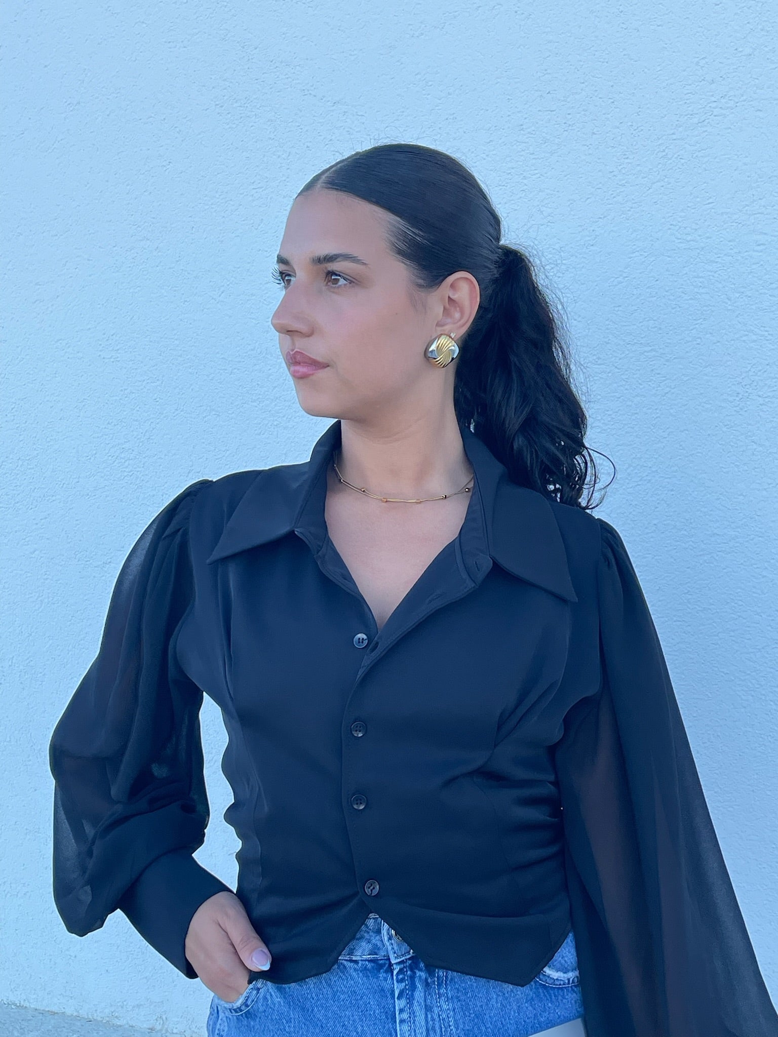Camisa preta mangas transparentes