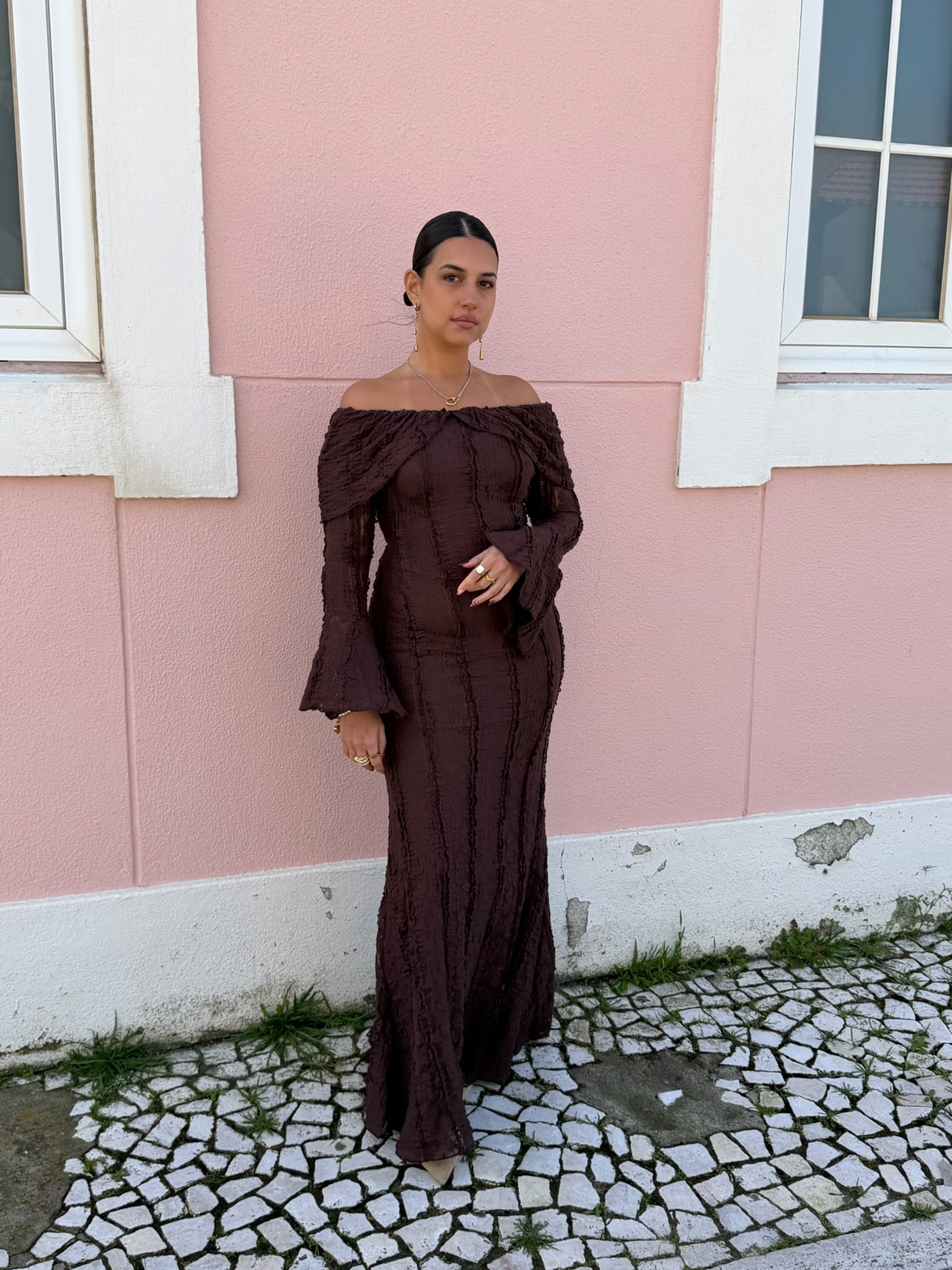 Vestido renda castanho