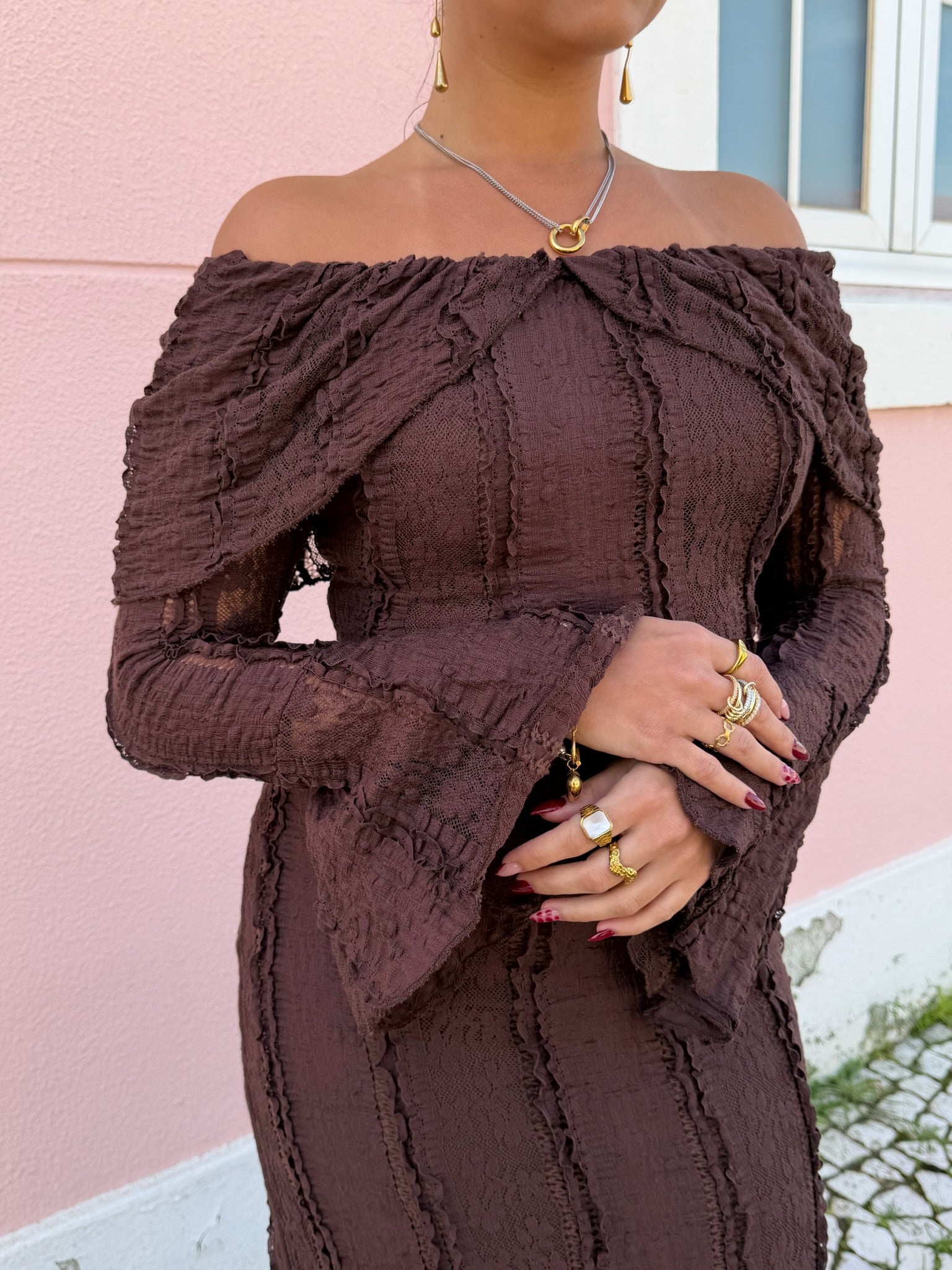 Vestido renda castanho